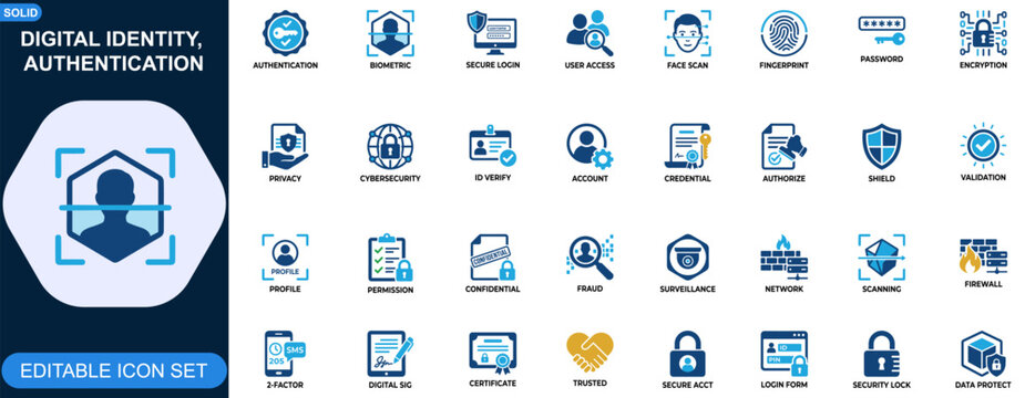 Digital identity and authentication icon set. Secure login, biometric security, user access control, face recognition, fingerprint verification, privacy protection. Editable icons collection. Vector.