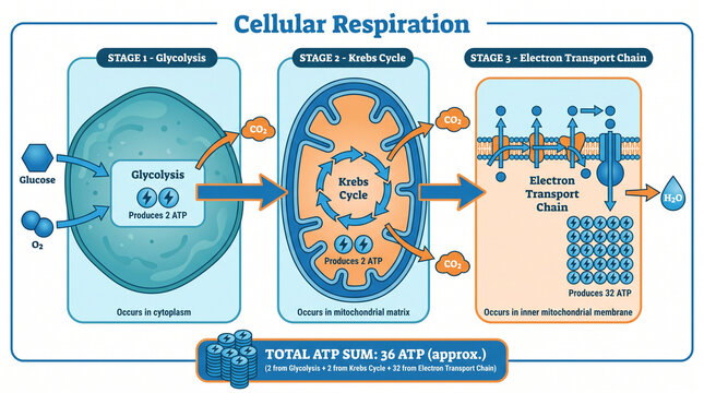 Cellular respiration process diagram showing glycolysis, krebs cycle, and etc