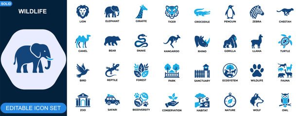 Wildlife icon set. Zoo animals, safari wildlife, jungle animals, biodiversity, conservation, habitat, nature exploration. Editable icons collection. Vector. © JIm Studio