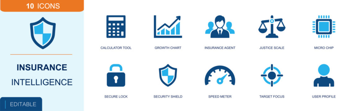 Insurance intelligence icon set. Containing calculator, growth chart, agent, justice scale, micro chip, secure lock, shield, speed meter, user profile and more. Solid fill vector icons.