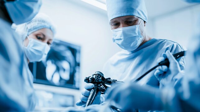Surgeon performing endoscopy procedure in operating room, medical team using modern diagnostic equipment for careful examination