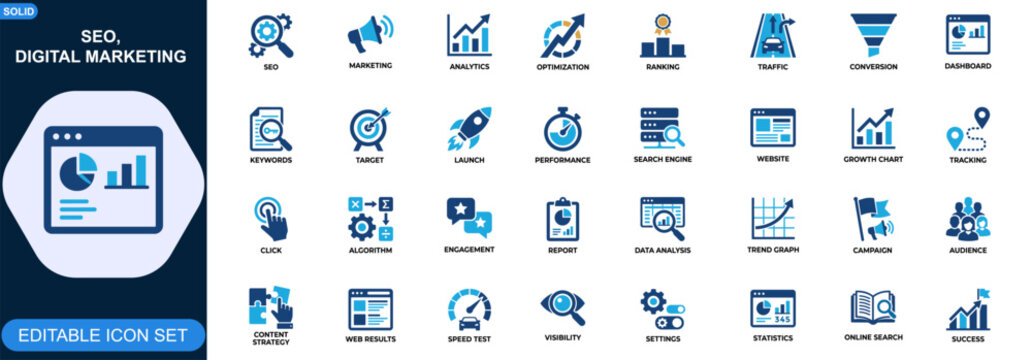 SEO and Digital Marketing Analytics Icon Set. Optimization, Growth, Traffic, Ranking, Conversion Funnel, Dashboard, Targeting, Performance. Editable icons collection. Vector.