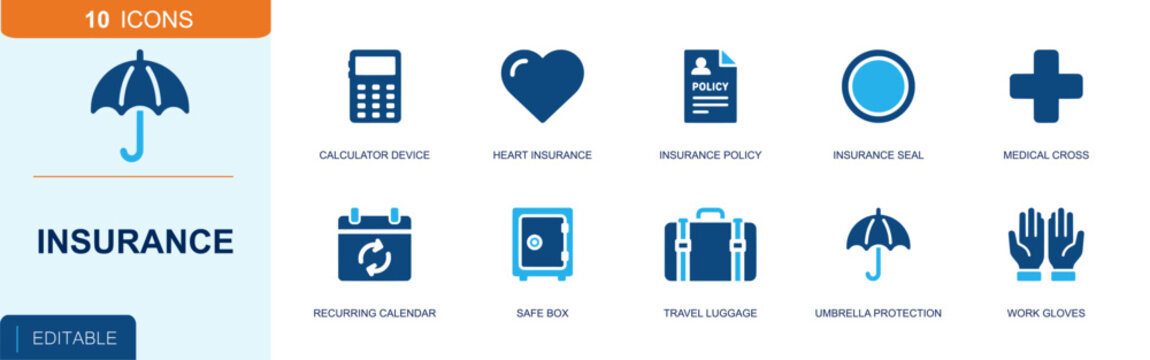 Insurance icon set. Containing calculator, heart insurance, policy document, insurance seal, medical cross, calendar, safe box, travel luggage, umbrella and more. Solid fill vector icons.