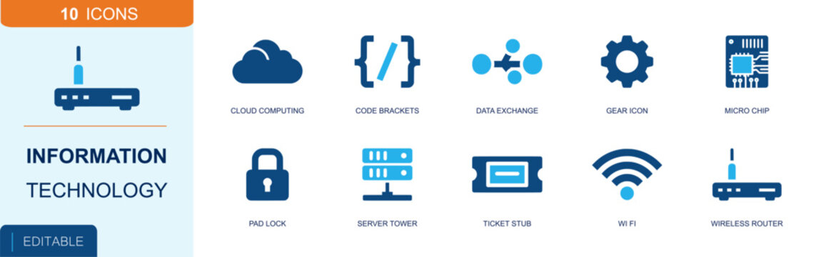 Information technology icon set. Containing cloud computing, code brackets, data exchange, micro chip, pad lock, server tower, WiFi, router, gear icon and more. Solid fill vector icons.