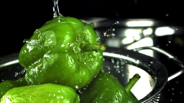 Green bell pepper resting in metal colander under pouring water, Filmed on a high-speed camera at 1000 fps.