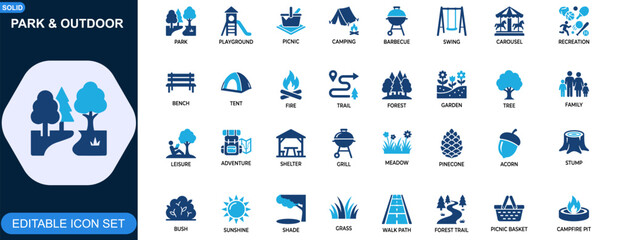 Park and Outdoor Recreation Icon Set. Playground, picnic, camping, barbecue, swing, carousel, garden, forest trail. Editable icons collection. Vector. © JIm Studio