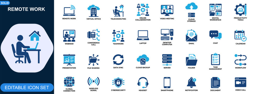 Remote work and virtual office icon set. Telecommuting, online collaboration, video meeting, cloud storage, digital workspace, productivity tools. Editable icons collection. Vector.