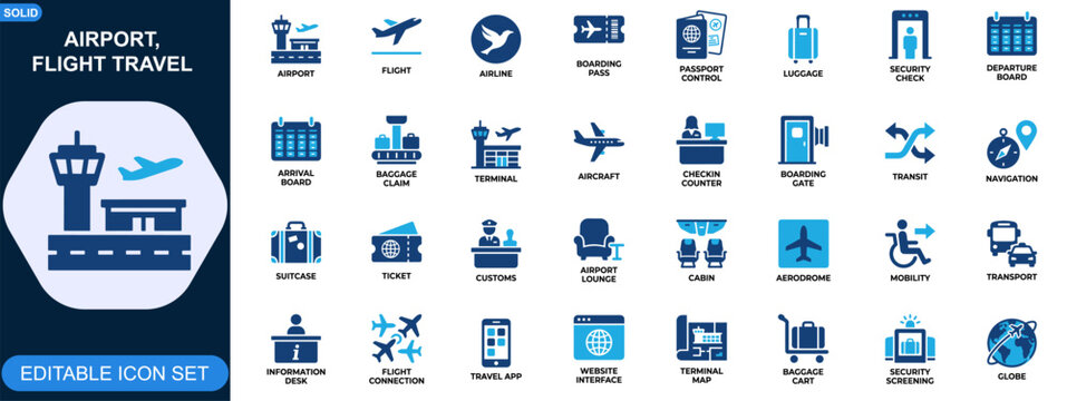 Airport and flight travel icon set. Boarding pass, passport control, luggage checkin, security screening, departure arrival, baggage claim, terminal navigation. Editable icons collection. Vector.