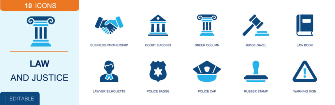 Law and justice icon set. Containing court building, Greek column, judge gavel, law book, lawyer, police badge, police cap, rubber stamp, warning sign and more. Solid fill vector icons.
