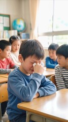 Obraz premium Crying preteen boy sitting at desk in classroom while classmates watch. Emotional distress and social interaction in school setting.