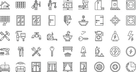 Home repair construction icons set, building tools plumbing electrical furniture windows doors, outline vector illustration collection for UI UX © Nafij World