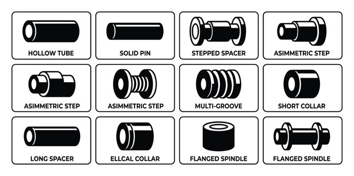 Set of black industrial cnc metal parts vector icon on transparent
