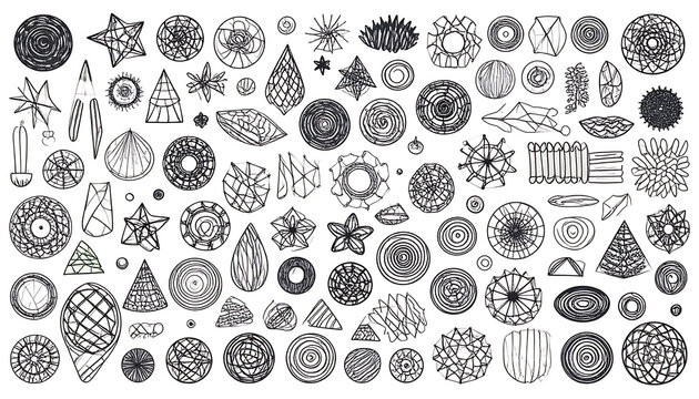 Collection of various faceted gemstones and diamond shapes, abstract patterns, geometric elements, isolated on white background
