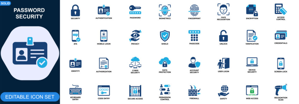Password security icon set. Authentication, biometrics, fingerprint, face recognition, two factor authentication, encryption, access control, mobile login. Editable icons collection. Vector.