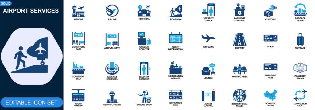 Airport services and airline terminal icon set. Boarding, security check, passport control, customs, baggage claim, departure gate, flight information. Editable icons collection. Vector.