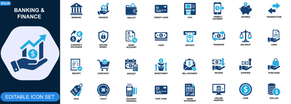 Banking and finance icon set. Wallet, credit card, ATM, mobile payment, savings, transaction, currency exchange, secure money management. Editable icons collection. Vector.
