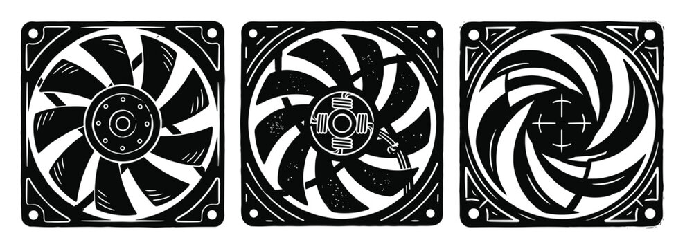 Set of three computer cooling fans in black outline