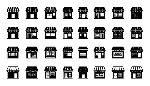 Collection of simple black and white shop and store facade icons, storefront building fronts, diverse architectural styles, business premises, retail outlets