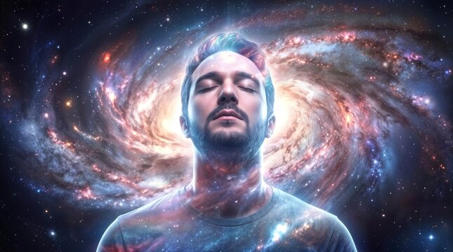 Spiritual man experiencing deep connection with the universe. Cosmic meditation with swirling galaxy background and starry textures on skin.