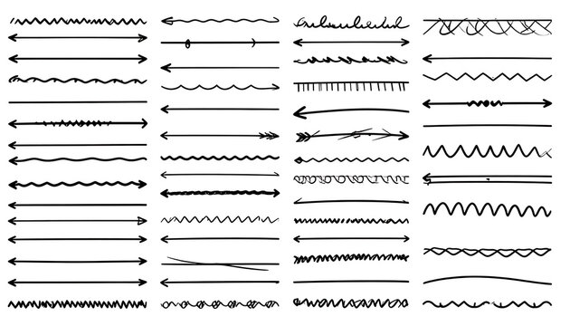 Collection of diverse hand-drawn line elements, including arrows, dividers, and wavy borders, perfect for graphic design and document formatting