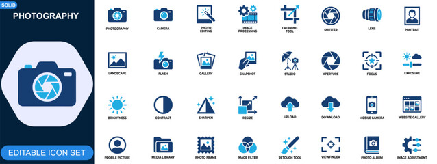 Photography icon set. Camera, photo editing, image processing, cropping tool, shutter, lens, portrait, landscape. Editable icons collection. Vector. © JIm Studio
