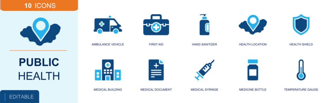 Public health icon set. Containing ambulance, first aid, sanitizer, health map, health shield, medical building, syringe, medicine bottle, thermometer and more. Solid fill vector icons.