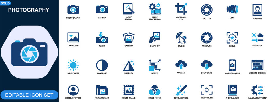 Photography icon set. Camera, photo editing, image processing, cropping tool, shutter, lens, portrait, landscape. Editable icons collection. Vector.