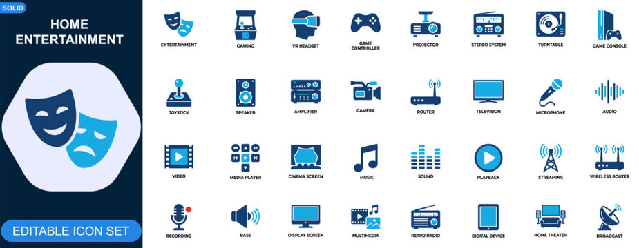 Home entertainment and gaming technology icon set. VR headset, game controller, projector, stereo system, turntable, router, camera, audio video media. Editable icons collection. Vector.