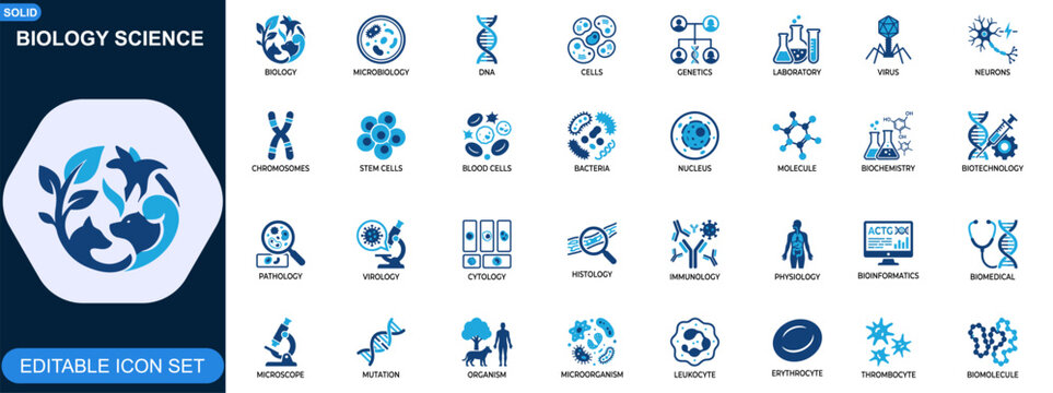 Biology science icon set. Microbiology, DNA, cells, genetics, laboratory research, virus, neurons, chromosomes, stem cells, blood cells. Editable icons collection. Vector.