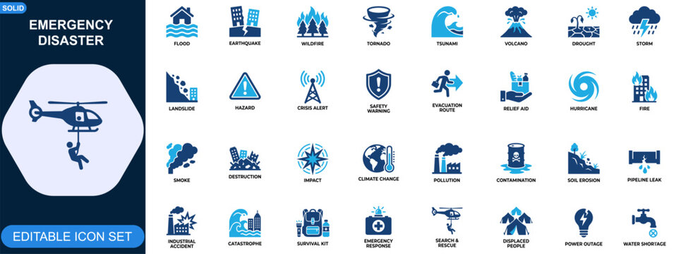 Emergency disaster icon set. Flood, earthquake, wildfire, tornado, tsunami, volcano, drought, storm, landslide, climate hazard, safety alert. Editable icons collection. Vector.