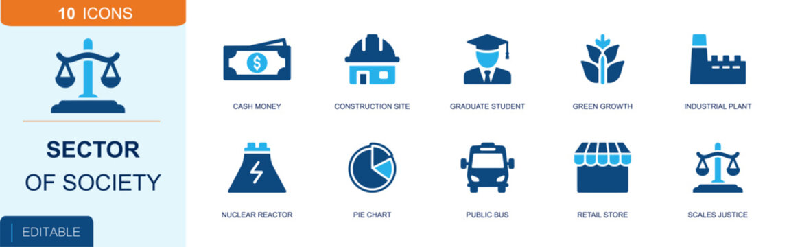 Sector of society icon set. Containing cash, building site, graduate, green growth, industrial plant, reactor, public bus, retail store, justice scale and more. Solid fill vector icons.