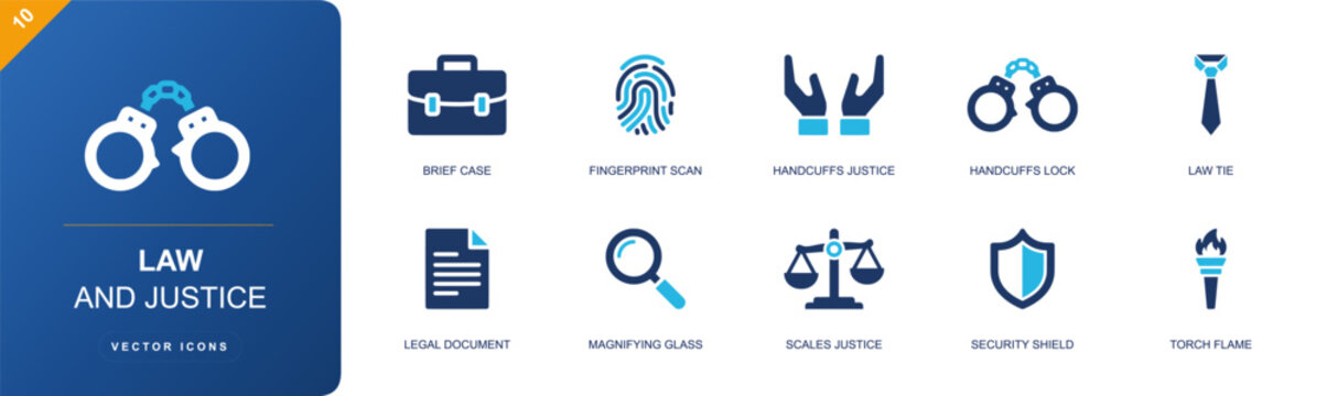 Law and justice icon set. Containing briefcase, fingerprint scan, handcuffs, legal document, magnifier, justice scale, security shield, torch flame and more. Solid fill vector icons.