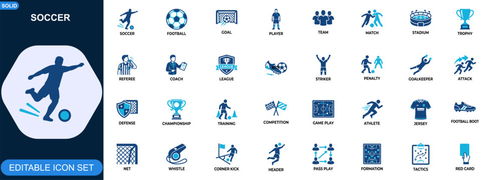 Soccer icon set for football match and league competition. Ball, goal, player, team, stadium, referee, coach, trophy, tactics, training. Editable icons collection. Vector.