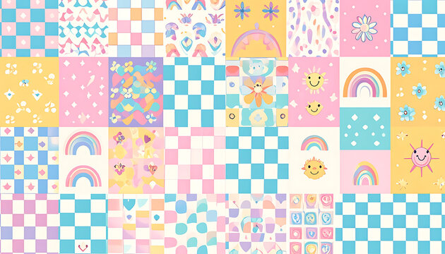 Colorful pixel art collage featuring rainbows, suns, flowers, and checkerboard patterns, playful kids aesthetic