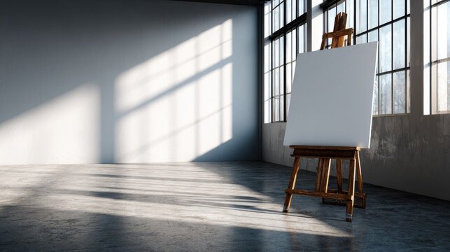 Empty blank canvas on easel in sunlit loft studio
