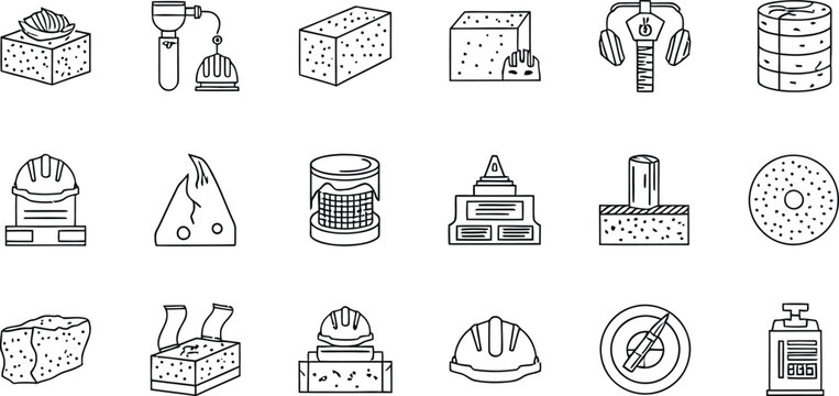 Collection of construction and masonry icons including tools and safety equipment