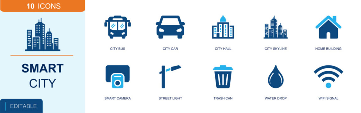 Smart city icon set. Containing city bus, city car, city hall, skyline, home building, smart camera, street light, trash can, water drop, WiFi signal and more. Solid fill vector icons.