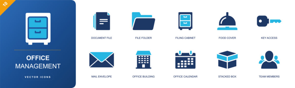 Office management icon set. Containing document, folder, cabinet, mail envelope, office building, office calendar, team members, key access, storage box and more. Solid fill vector icons.