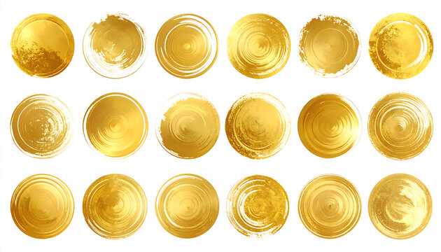 collection of golden circles with textured brush strokes, grunge distressed edges, glitter sparkle, and abstract paint splatter effects