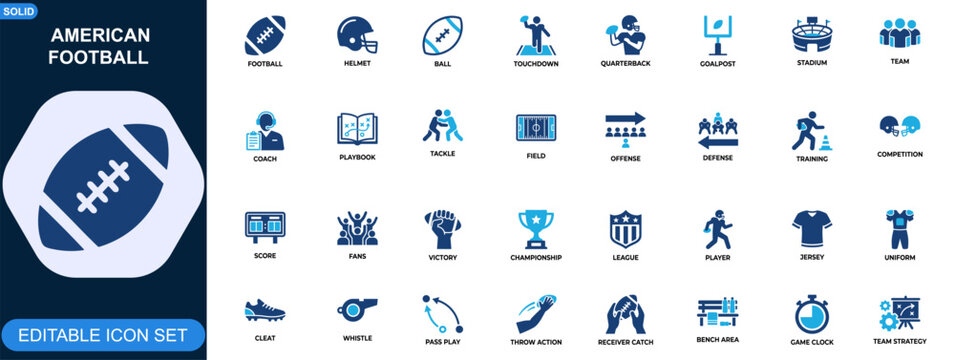 American football icon set. Helmet, ball, goalpost, quarterback, touchdown, stadium, coach, playbook, team strategy. Editable icons collection. Vector.
