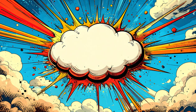 Comic book explosion cloud with radial bursts of color and pixelated effect, dynamic retro pop art