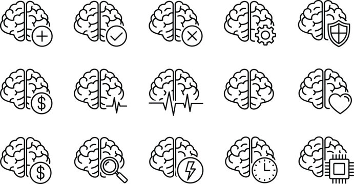 Human Brain Icon Set Illustrating Intelligence, Decision Making, Mental Health, Creativity, Analysis, Security, Finance, Energy, Time, and Technology Concepts in Clean Line Vector Style