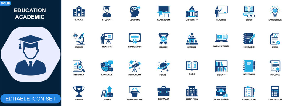 Education academic icon set. School, student, learning, classroom, university, teaching, study, knowledge, science, training, graduation. Editable icons collection. Vector.