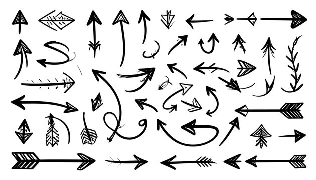 Collection of hand-drawn arrow doodles and symbols, various styles and directions, perfect for design elements and navigation cues