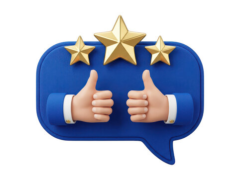 3d cartoon thumbs up hands on blue speech bubble with gold stars isolated on transparent background