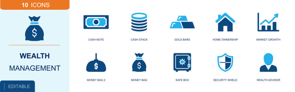 Wealth management icon set. Containing cash note, coin stack, gold bar, home ownership, market growth, money bag, safe box, security shield, wealth advisor and more. Solid fill vector icons.