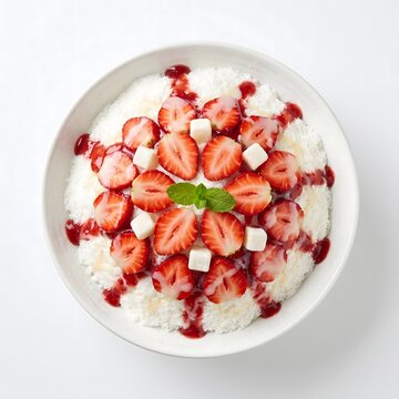Top Down View of Strawberry Shaved Ice with Rice Cake Garnish - Flower Patterned Korean Bingsu Isolated on White