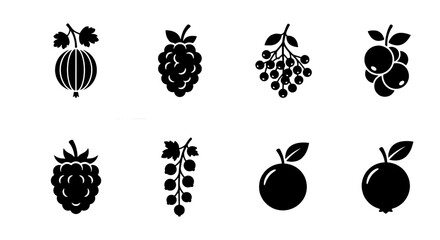 Black berry icons set, 8 garden fruit vector silhouettes, organic food signs © MdParvej