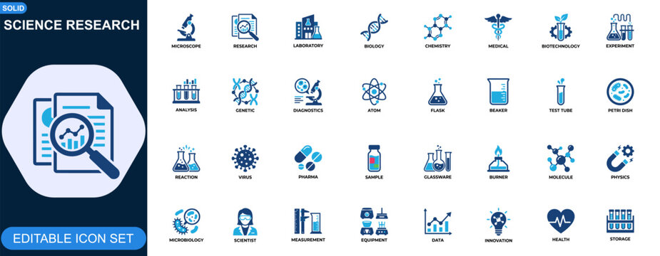 Science research and laboratory icon set. Biology, chemistry, medical, biotechnology, molecular analysis, genetics, clinical diagnostics. Editable icons collection. Vector.