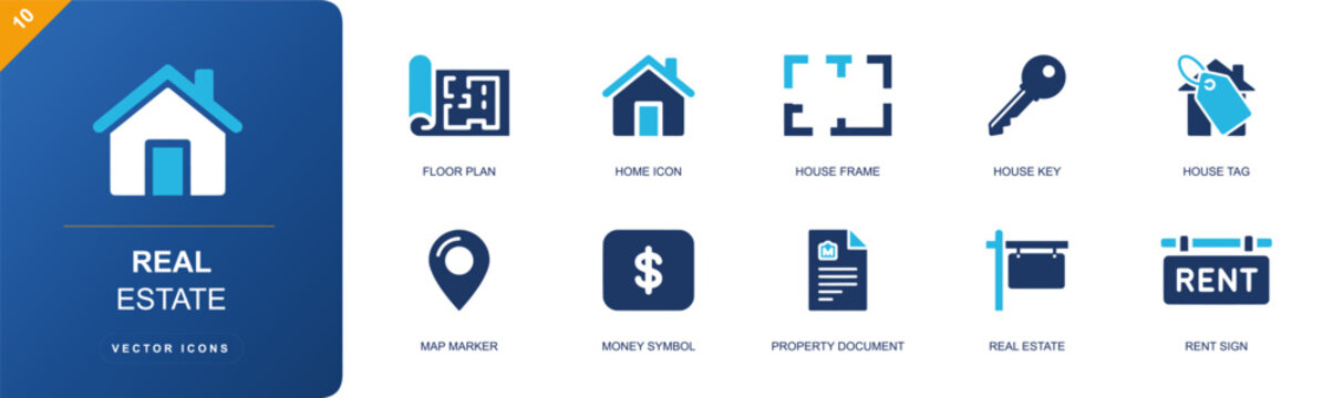 Real estate icon set. Containing floor plan, home symbol, house frame, house key, house tag, map marker, money symbol, property document, rent sign and more. Solid fill vector icons.